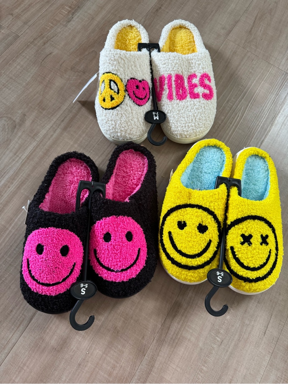 Smiley Face Cozy Slippers - 3 Pairs (White Vibes, Black/Pink, Yellow/Blue)